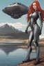 Placeholder: Wide-angle, full body and headshot of a skinny young woman, with long straight red hair, dressed in a robotic-looking catsuit, standing next to a lake with a crashed spaceship.