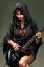 Placeholder: beautiful busty waif woman(wearing a wrinkled dark hoodie with wide sleeves trimmed with lace) playing a black electric guitar at high angle. heavy metal graphic novel