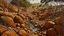 Placeholder: A bronzish brown gully with boulders designed in Australian aboriginal art painted by Frank Wilson