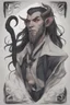 Placeholder: A dnd character portrait, a tiefling man with long hair and two long black horns that curve backwards, white eyes and pale skin.