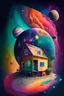 Placeholder: A house in the center of the universe surrounded by different colorful planets and stars and colorful dust.