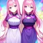 Placeholder: Clear focus, 8k, beautiful lighting, vibrant colors, girl, pink hair, long hair, vibrant purple eyes, same twins, same clothes,