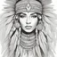 Placeholder: Pages with a beautiful native american woman's face, white background, Sketch style, only use an outline, Mandala style, clean line art, color background, no shadows, and clear and well outlined