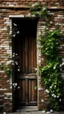 Placeholder: critical point abstract an old door in a wall of bricks and hanging on it branches of leaves and branches with white jasmine flowers
