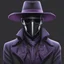 Placeholder: warlock, black hat, black mask with ash purple patterns, black trench coat with ash purple patterns, dark, ominous, ash purple, grey background, profile picture, simplistic design