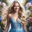 Placeholder: (best quality, 4k, 8k, highres, masterpiece:1.2), ultra-detailed, (realistic, photorealistic, photo-realistic:1.37),hyper realistic, full body gorgeous smiling 1woman,long hair,looking at viewer,realistic proportions,blue eyes,hair ornament,transparent dress,very long hair,flower,blonde hair,parted lips,necklace,white dress,blonde hair,lips,blurry pastel background,freckles,realistic,head wreath, pink flower,realistic portrait, dreamy fantasy landscape countryside,great pespective,crystal castle