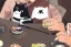 Placeholder: A cat wearing clothes is sitting at a table eating sushi. Manga style. Perfect iris. Paws. Mug with cat face