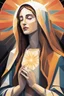 Placeholder: A stylized portrait drawing of colored tiles of Mary the mother of Jesus with long hair, wearing a white veil and surrounded by a geometric halo of rays of light against a dark background- cubism style