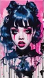 Placeholder: Poster in two gradually, a one side malevolent goth vampire girl face and other side the Singer Melanie Martinez face, full body, painting by Yoji Shinkawa, darkblue and pink tones,