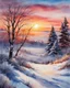 Placeholder: Painting of a snowy winter sunset on the plain, Snowfall, watercolor painting, watercolor painting style, beautiful painting, Bob Ross style, winter, snow, sunset, vibrant colors, masterpiece, detailed watercolor details, high quality, 4k