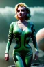 Placeholder: Ultra Realistic retro sci-fi 1960 scene, waist up view portrait, blonde woman, sweet young Marilyn Monroe face, perfect iris, tight latex coat, alien planet background, tight style, steel sphere dron levitating, fog, rain, soft color, highly detailed, unreal engine 5, ray tracing, RTX, lumen lighting, ultra detail, volumetric lighting, 3d, finely drawn, high definition, high resolution.