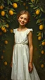 Placeholder: A pretty girl with white dress smiling in a dark yellow olive jungle painted by Henry-Robert Brésil