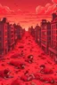 Placeholder: a big City, red clouds in the sky with many dead children laying on the ground