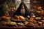 Placeholder: Mystical mad monk Rasputin legendary figure of Russian folklore, sitting at a messy food laden oaken table, wild mad eyes crazily wide, beard filled with food and spittle, dramatic kinetic energy encapsulated, digital illustration accentuating intricate Russian motifs, traditional costumes brimming with details, hyper-realistic, high contrast lighting, ultra detailed, historic