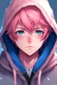 Placeholder: An anime man with messy short pink hair and blue eyes wearing a hooded jacket Realistic.