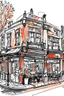 Placeholder: doodle of a restaurant from the outside in a city centre