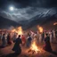 Placeholder: Hyper Realistic photographic-view of Pashto-People doing Traditional-Pashto-Attan-Dance with celebration atmosphere & garland-lights & bonfire on mountain-top at night with cloudy-moonlight showing dramatic & cinematic ambiance