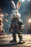 Placeholder: viking rabbit with rocket boots in fallout 4 setting, bokeh, downlight, prize winning, depth of field, trading robot monster in background, stereoscopic cartoon