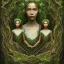 Placeholder: Painting .three women. A mother. Two daughter. Twins. A mother with her children the faces of three young black women. wood nymphs emerging from the forest. Her hair looks like vines. Dreadlocs. Her skin is the colour of dark soil. Her skin looks like tree bark. Her clothing is made of vines, grass and leaves.