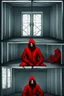 Placeholder: A scary gothic person sits quietly in the middle of a soundproof, padded room conveying intense dramatic emotions in a muted environment, wearing a bright red straitjacket , a mask to cover the mouth area of cannibal evil scary, dark and gothic look, cold eyes, eary ultra detailed,.32k, digital art style with messy paint, hardened sealer appearance, impasto, dramatic Arial view with explosive chaotic background