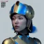 Placeholder: woman, asian, blue, round helmet, decorative color feathers, retro futuristic, latex coat, soft color, highly detailed, art stations, concept art, smooth, unreal engine 5, god rays, ray tracing, RTX, lumen lighting, ultra detail, volumetric lighting, 3d, finely drawn, high definition, high resolution.