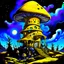 Placeholder: A fantabulous black, yellow, and blue (((mushroom tower house))) erected atop a (geologic pillar), surrounded by the uncanny imaginative ((( swirling skies))), offset by the stark hues of a (neon-tinged nebulous space scape), within. captured by the hand a skilled master painter with a focus on (softly blurred compositions and voluminous lighting).