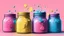 Placeholder: a medium quality digital illustration of jars of varying color paste ((pink, blue, yellow)) being used instead of money, abstract art, vibrant colors, creative concept, modern, conceptual illustration, alternative currency, financial revolution, imaginative, digital art, visual metaphor