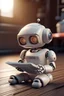 Placeholder: cute baby robot, who is a Journalist, baby robot sitting on the floor, reading a big newspaper