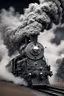 Placeholder: A steam train made of swirling smoke, with intricate patterns and designs on the locomotive's body. The artwork uses focus stacking and digital art techniques to create a surreal and detailed background. The dark, white and gray style depicts hyperrealistic sculptures and hyperdetailed illustrations of surreal and dreamy landscapes in the style of hyperphotorealism. Silver, black and grey colors are used.