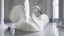 Placeholder: hyper realistic render of a swan carved out of white marble, sculpture is displayed inside of a big art exhibit