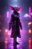 Placeholder: Volumetric fog gremlin lights,paradise sacred geometry framed playing card, black, red, spore and purple neon fire cyber punk dancer thief in soaked rain coat shadows boss card in the style of giger and fallout 4 ,,bokeh like f/0.8, tilt-shift lens 8k, high detail, smooth render, down-light, unreal engine