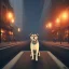 Placeholder: At midnight, a big and brutal dog in the sidewalk is barking toward strangers in the street. Some cars run fast on the road.