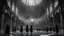 Placeholder: 400 people man and women standing in a circle, one man in centre floating in the air above the ground, inside dark extremely large sci-fi old cathedral, high ceiling, goth style, dark room, rain, wet, photographic, black and white