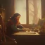 Placeholder: leonardo da vinci works in his study on a laptop at his desk. painting in photoshop. hyperdetailed, warm colors, movie poster, photoillustration, oil on canvas, lens flare