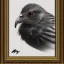 Placeholder: Techno style ink small bird picture in detailed frame, big black eyes, unreal engine 5, 8k resolution, photorealistic, ultra detailed, frame extreme accurate