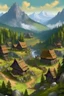 Placeholder: A village with a native population with ancient times, a well with rocky mountains and surrounded by forests