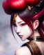 Placeholder: Detailed cute anime Kunoichi girl with a dragon tail, blood red hair buns, bangs, black latex bodysuit, intricate details, full body portrait, keep head in frame, slight smile, black Japanese motif, concept art, highly detailed, digital painting, concept art, sharp focus, illustration, art by Yoji Shinkawa, WLOP and greg rutkowski and alphonse mucha and artgerm and yanjun Chen and Junji ito and Makoto Shinkai, HDR, octane render