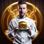 Placeholder:  portrait of handsome man smoking a pipe wearing head band and golden watch, behind him another chef in front blurred dark wooden wall with golden dragons art, huge tasty burger, shiny fork and knifes on dinner table with cloth, fantasy art book cover