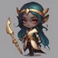 Placeholder: Aamela Rethandus is a dark elf healer with gray skin and red eyes with straight black hair a golden headband and dressed in healer outfit of dull-teal tan and browns, in chibi art style