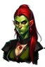 Placeholder: very smart half orc young woman, shes strong and not pretty, her hair is dark red and mid length, she wears an earring and black clothing with green skin and pointed teeth, realistic style