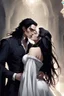 Placeholder: Strahd Von Zarovich being kissed on the neck by a beautiful woman with white hair, wearing an off the shoulder dress. Settling and background are a lavish toomb with an ebony coffin.