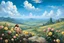 Placeholder: a handsome, fat man with a well-groomed, bearded face and long, curly hair. He is sitting naked on a rock, surrounded by a picturesque valley adorned with pink and yellow rose flowers. The spring sky above is adorned with breathtakingly beautiful clouds. like oil paintings 19th century