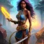 Placeholder: Full body, heroic fantasy, woman, dark skin, Indian, 20 years old, half-hawk haircut, magician, warrior, hourglass body shape, bicolor hair