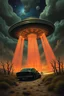 Placeholder: Hieronymus Bosch style nightmare huge ufo spaceship hovering above a car