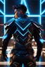 Placeholder: cyberpunk, neon blue, triangle of light floating behind the back, cyber armor, geometric patterns on an armor, male