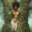 Placeholder: Painting . A young black woman. A wood nymph emerging from the forest. Her hair looks like leaves. Her skin looks like tree bark. Her clothing is made of vines, grass and hair