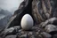Placeholder: a giant egg with the texture of stone is cracked on top of the misty mountain peak. cinematic lighting, artstation, grim mood, looking up camera angle