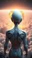 Placeholder: Photoreal Gorgeous godlike white alien cyborg rear view looking over a futuristic nuclear distraction and mushroom explosion clouds of planet earth , in the style of fantasy movies, photorealistic, bokeh masterpiece smooth shading, ultra detailed, high resolution, cinematic, unreal 6, subtle shadows, octane render, 8k, cinema 4d, HDR, dust effect, vivid colors