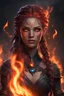 Placeholder: beautiful Fire genasi sorcerer female. Hair is long and bright black part glows. Part of hair is braided and fire comes out from it. Big bright red eyes. Is generating fire with her hands and fire are coming our off them . Skin color is dark. Has a huge scar on face.