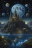 Placeholder: Gothic, epic, fabulous, space, hyperrealism, microdetalization, surreal, ornamental, drawing details, clear outline, color illustration, stardust, mystical landscape, huge moon, starry fireworks, dark botanical, dark fantasy, multicolor, detailed, 3d,threads, fibers, star map, blue, gold, silver, white, forest, lake, mountains, fantastic flowers, ambient clarity, volumetric, swirls in the sky, fog, white haze, crystals